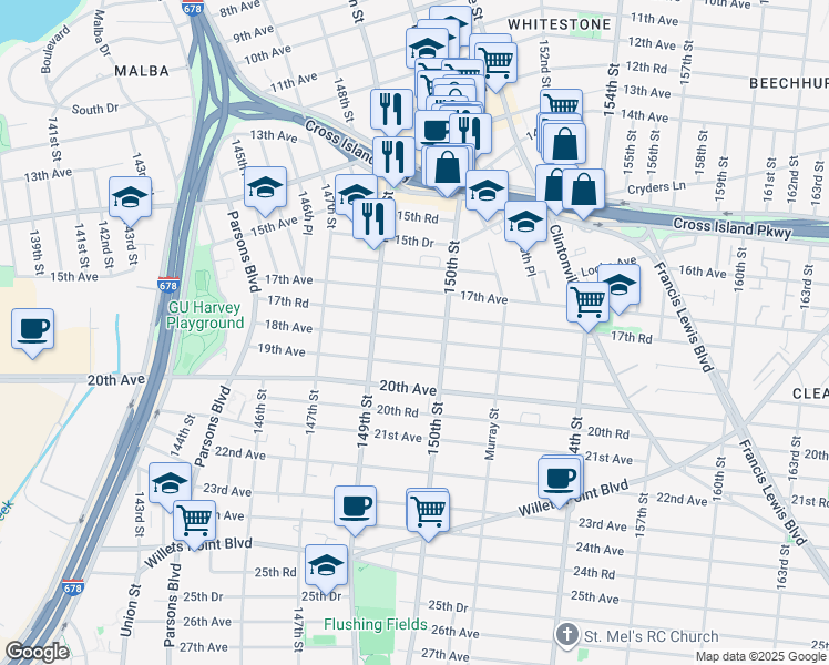 map of restaurants, bars, coffee shops, grocery stores, and more near 14942 17th Road in Queens