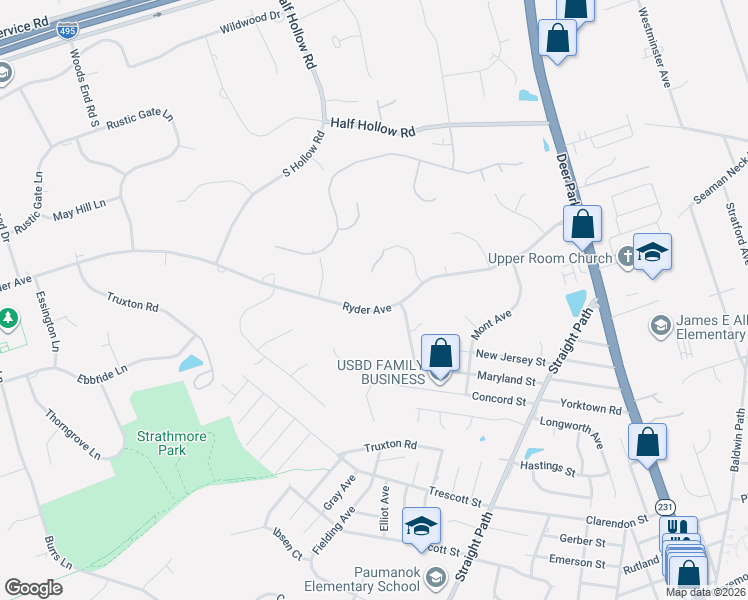 map of restaurants, bars, coffee shops, grocery stores, and more near 7 Bender Court in Dix Hills