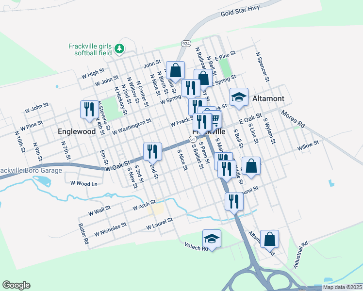map of restaurants, bars, coffee shops, grocery stores, and more near 122 West Oak Street in Frackville