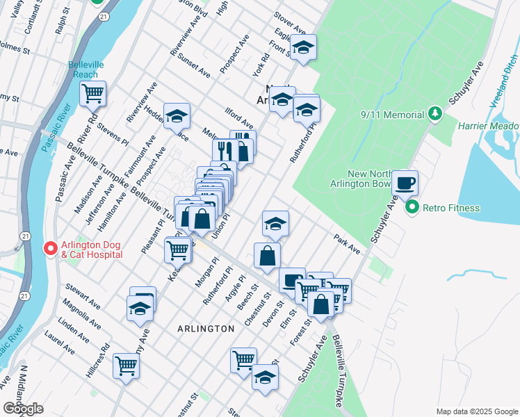 map of restaurants, bars, coffee shops, grocery stores, and more near 89 Rutherford Place in North Arlington