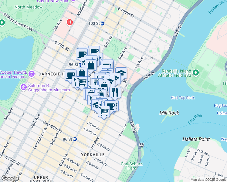 map of restaurants, bars, coffee shops, grocery stores, and more near 323 East 95th Street in New York