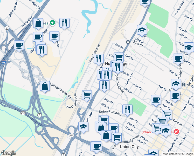 map of restaurants, bars, coffee shops, grocery stores, and more near 4017 Dell Avenue in North Bergen