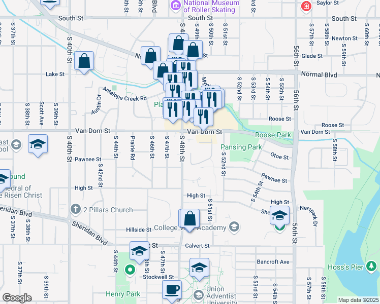 map of restaurants, bars, coffee shops, grocery stores, and more near g48 South 51st Street Court in Lincoln