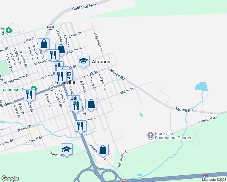 map of restaurants, bars, coffee shops, grocery stores, and more near 213 South Wylam Street in Frackville