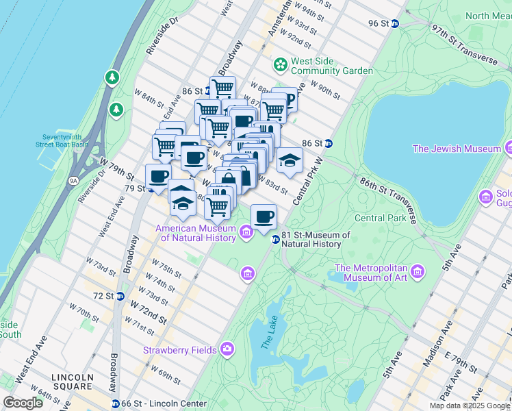 map of restaurants, bars, coffee shops, grocery stores, and more near 451 Columbus Avenue in New York