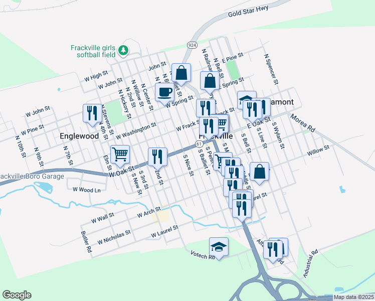 map of restaurants, bars, coffee shops, grocery stores, and more near 122 West Oak Street in Frackville