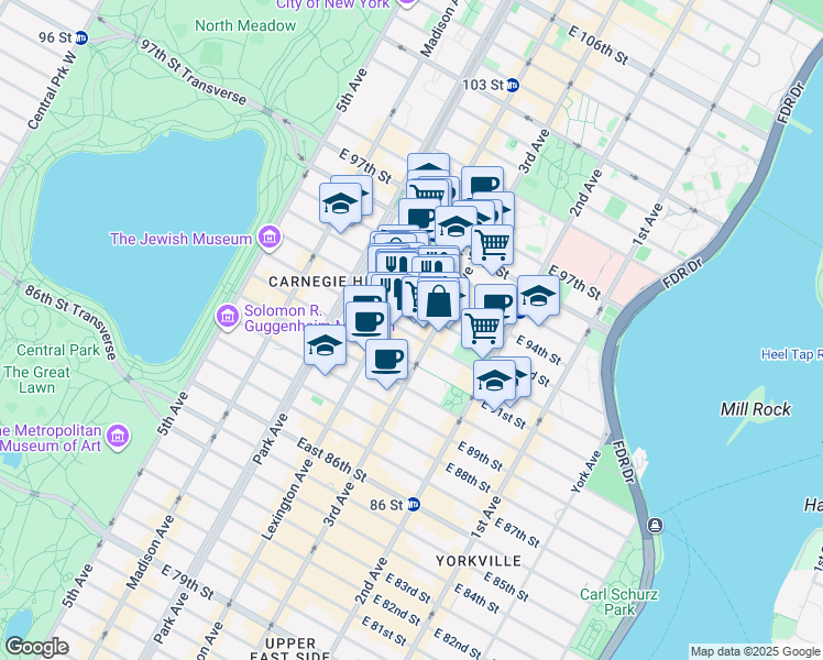 map of restaurants, bars, coffee shops, grocery stores, and more near 163 East 92nd Street in New York