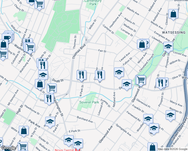 map of restaurants, bars, coffee shops, grocery stores, and more near 10 Charles Street in East Orange