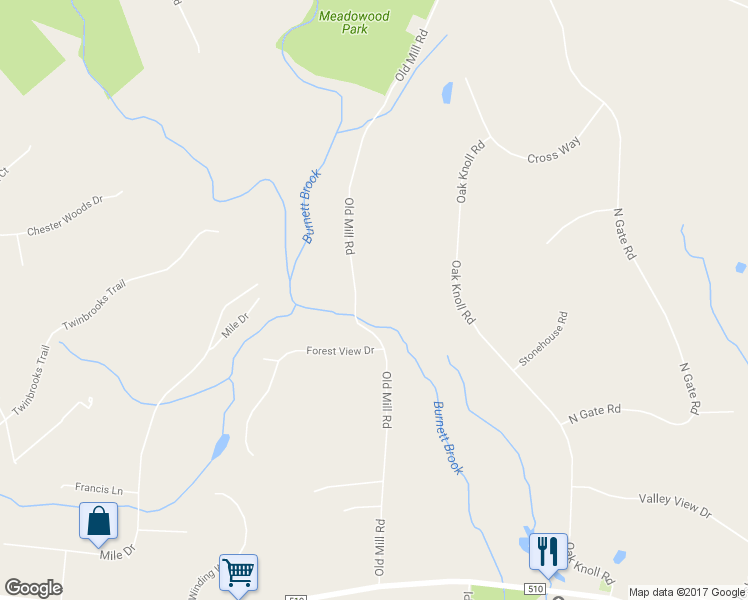 map of restaurants, bars, coffee shops, grocery stores, and more near 44 Old Mill Road in Chester