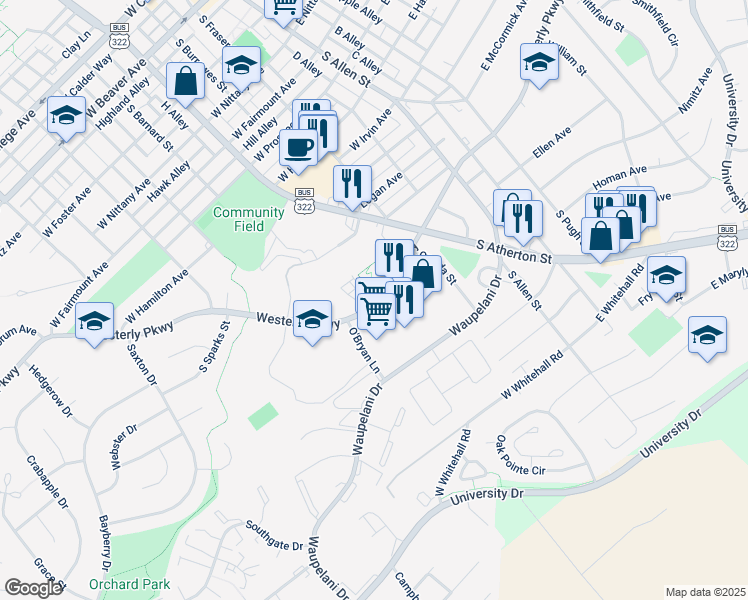 map of restaurants, bars, coffee shops, grocery stores, and more near Plaza Drive in State College