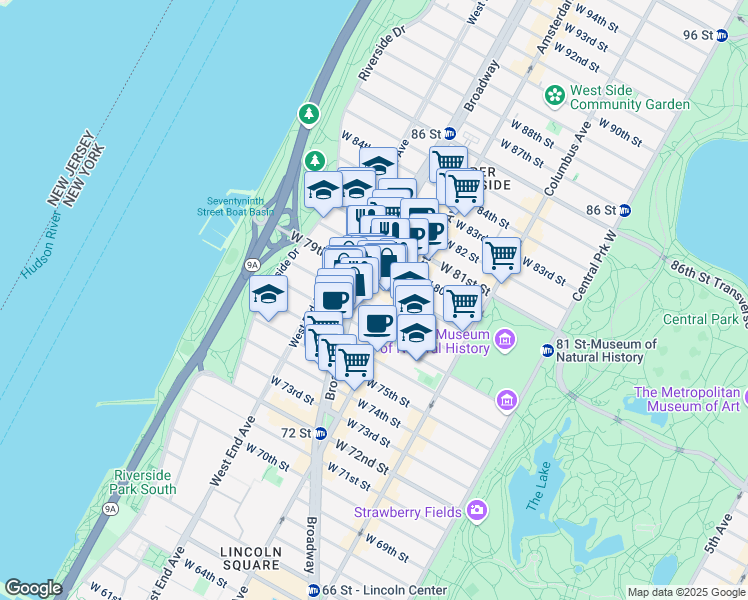 map of restaurants, bars, coffee shops, grocery stores, and more near 2218 Broadway in New York