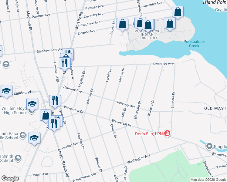map of restaurants, bars, coffee shops, grocery stores, and more near 359 Orchid Drive in Mastic Beach