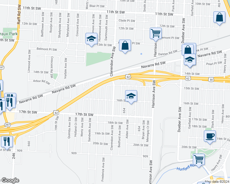 map of restaurants, bars, coffee shops, grocery stores, and more near 1524 Clarendon Avenue Southwest in Canton