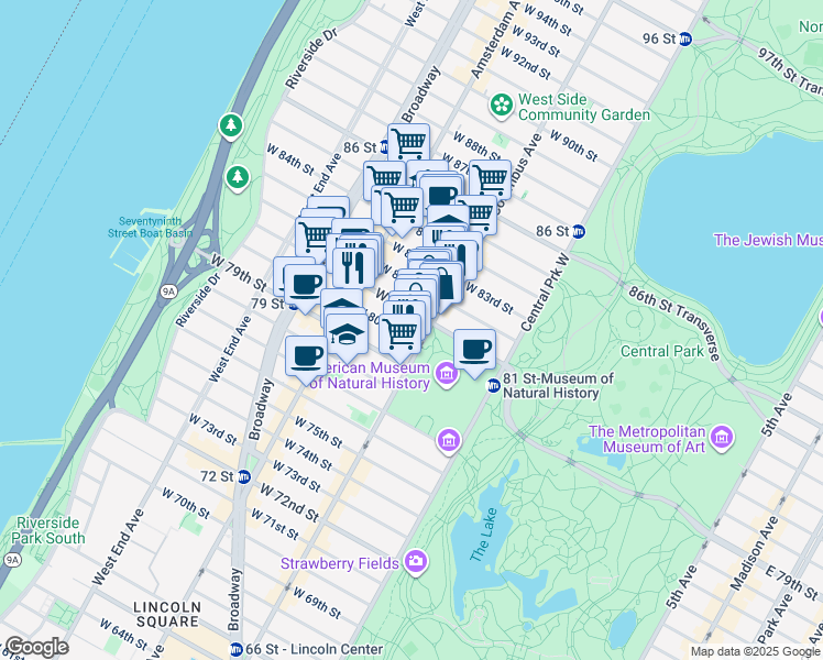 map of restaurants, bars, coffee shops, grocery stores, and more near 103 West 80th Street in New York