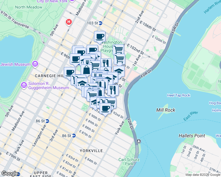 map of restaurants, bars, coffee shops, grocery stores, and more near 1849 2nd Avenue in New York