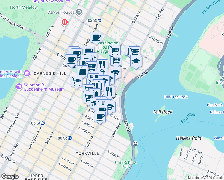 map of restaurants, bars, coffee shops, grocery stores, and more near 333 East 95th Street in New York