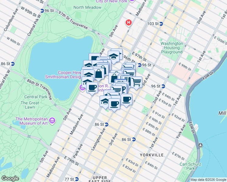 map of restaurants, bars, coffee shops, grocery stores, and more near 1147 Park Avenue in New York