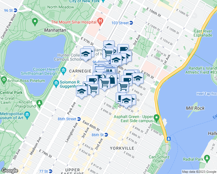 map of restaurants, bars, coffee shops, grocery stores, and more near 1654 3rd Avenue in New York