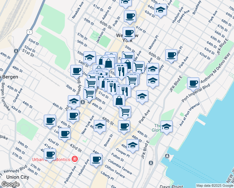 map of restaurants, bars, coffee shops, grocery stores, and more near in West New York