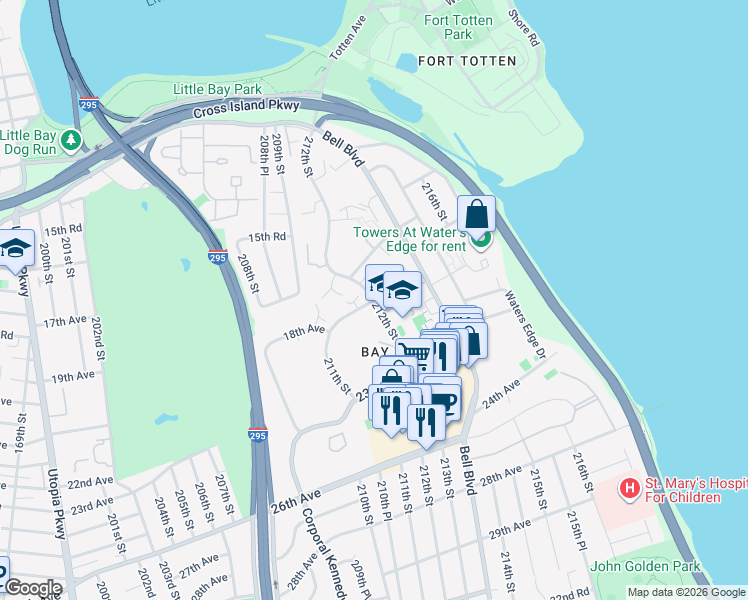 map of restaurants, bars, coffee shops, grocery stores, and more near 18th Avenue in Queens