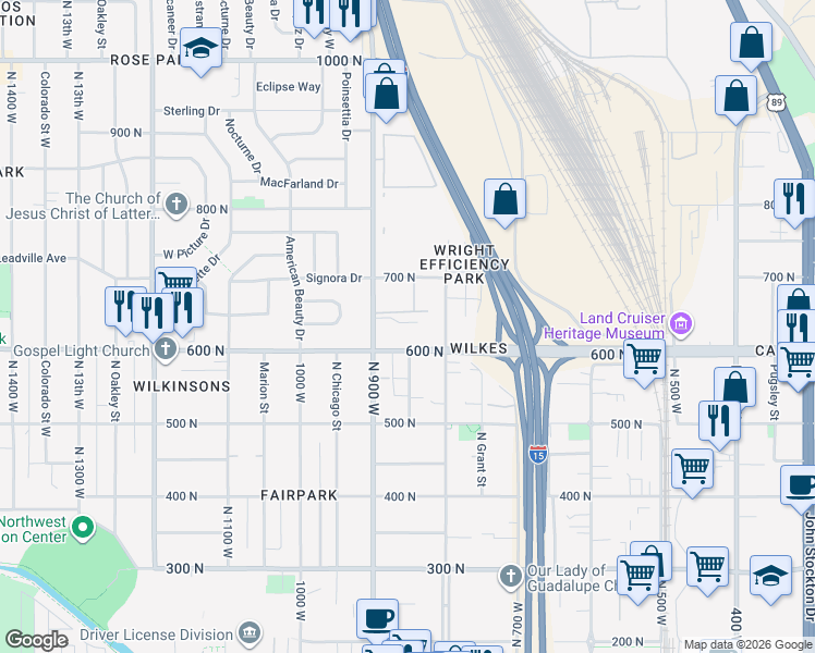map of restaurants, bars, coffee shops, grocery stores, and more near 850 North Diamond Rose Circle in Salt Lake City