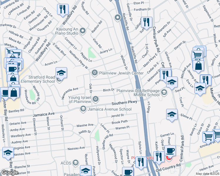 map of restaurants, bars, coffee shops, grocery stores, and more near 180 Main Parkway West in Plainview