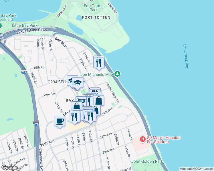 map of restaurants, bars, coffee shops, grocery stores, and more near 21535 23rd Avenue in Queens