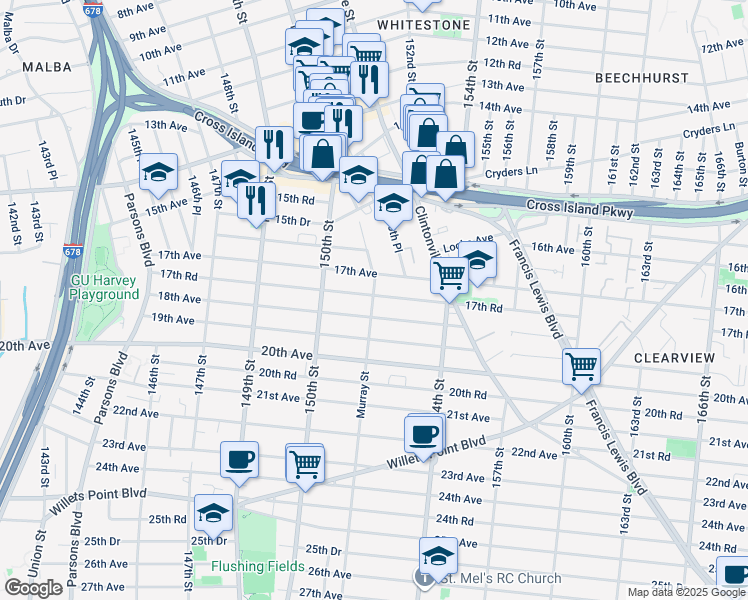 map of restaurants, bars, coffee shops, grocery stores, and more near 17-14 Murray Street in Queens
