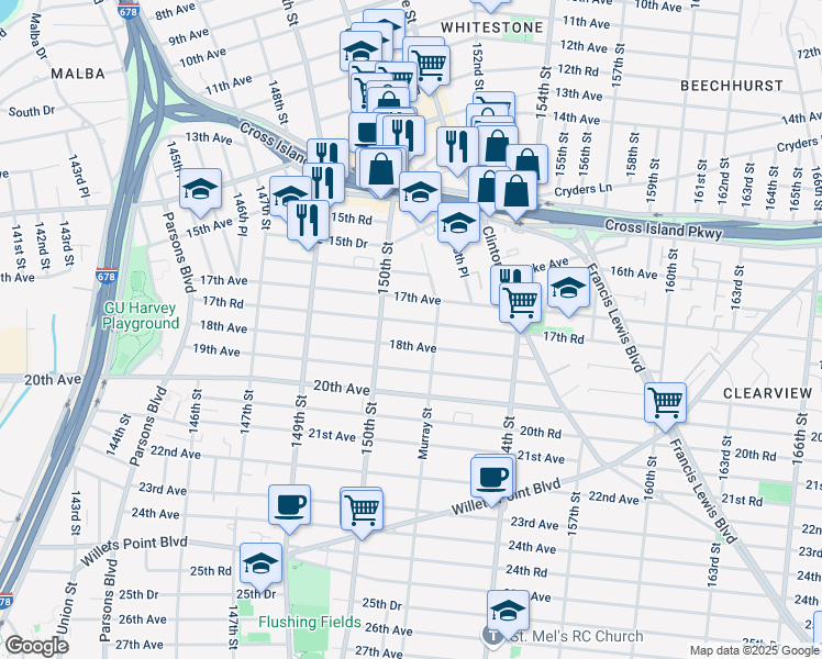 map of restaurants, bars, coffee shops, grocery stores, and more near 17-14 Murray Street in Queens