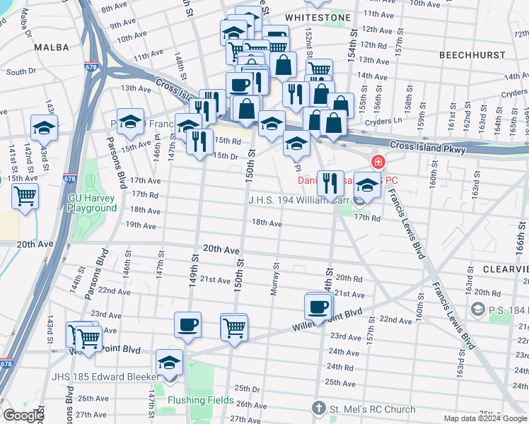 map of restaurants, bars, coffee shops, grocery stores, and more near in Queens