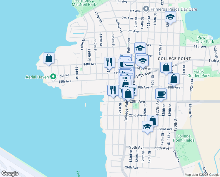map of restaurants, bars, coffee shops, grocery stores, and more near 15-20 120th Street in Queens