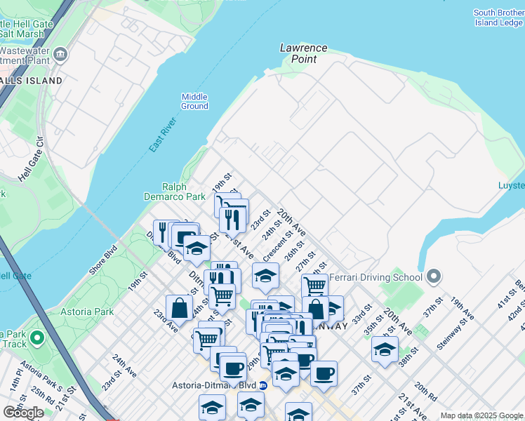 map of restaurants, bars, coffee shops, grocery stores, and more near 20-11 21st Street in Queens