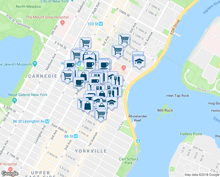map of restaurants, bars, coffee shops, grocery stores, and more near 1849 2nd Avenue in New York