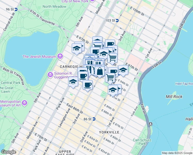 map of restaurants, bars, coffee shops, grocery stores, and more near 176 East 93rd Street in New York