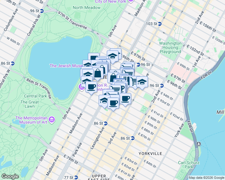 map of restaurants, bars, coffee shops, grocery stores, and more near 1147 Park Avenue in New York