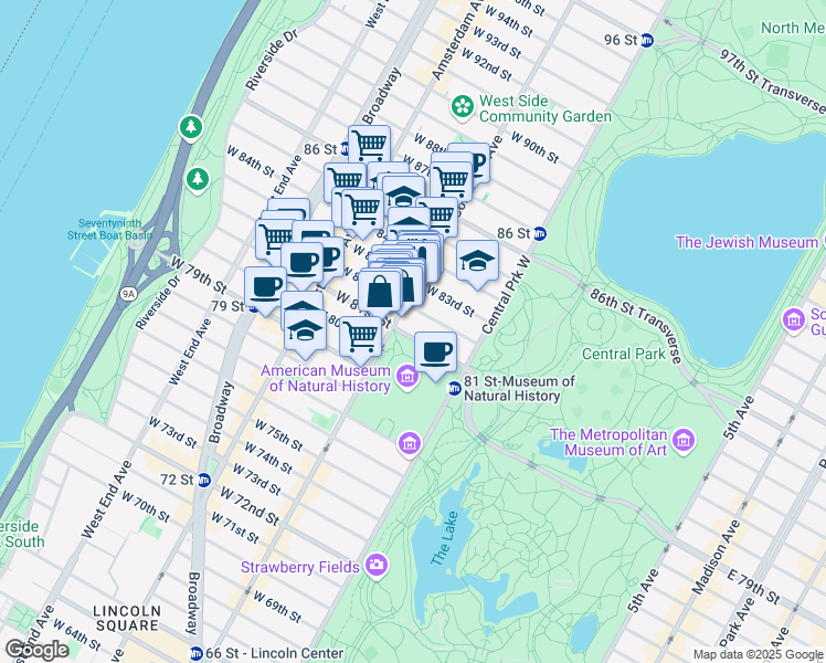 map of restaurants, bars, coffee shops, grocery stores, and more near 451 Columbus Avenue in New York