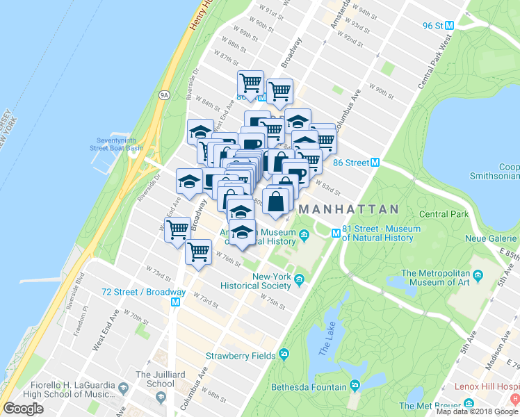 map of restaurants, bars, coffee shops, grocery stores, and more near 163 West 80th Street in New York