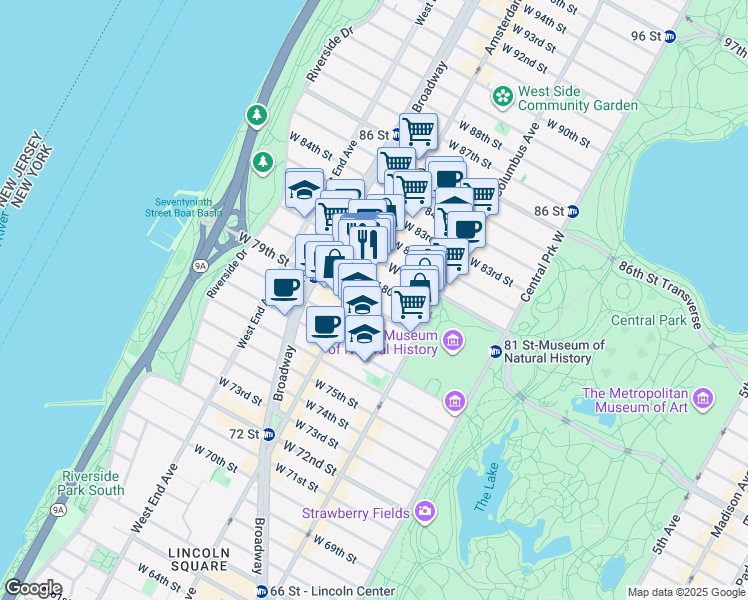 map of restaurants, bars, coffee shops, grocery stores, and more near 163 West 80th Street in New York