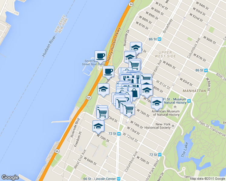 map of restaurants, bars, coffee shops, grocery stores, and more near 321 West 77th Street in New York