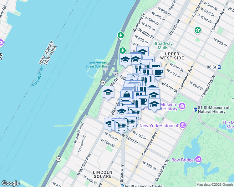 map of restaurants, bars, coffee shops, grocery stores, and more near 321 West 77th Street in New York