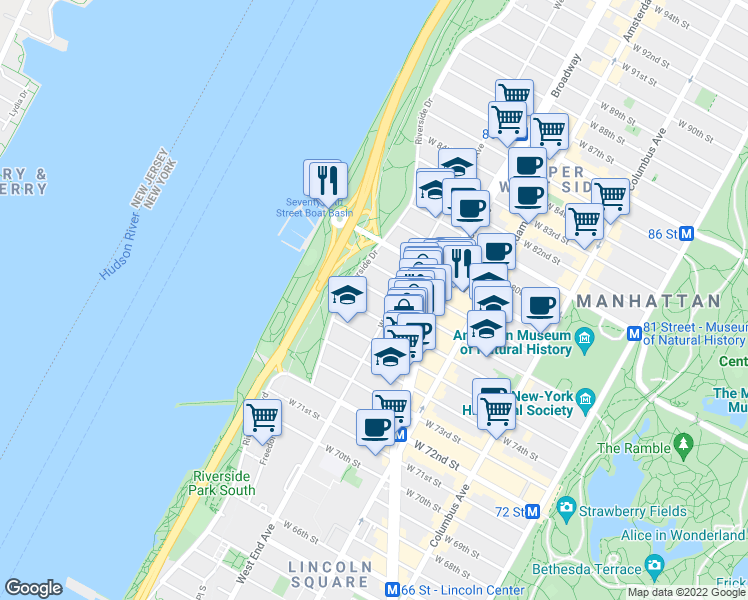 map of restaurants, bars, coffee shops, grocery stores, and more near 321 West 77th Street in New York