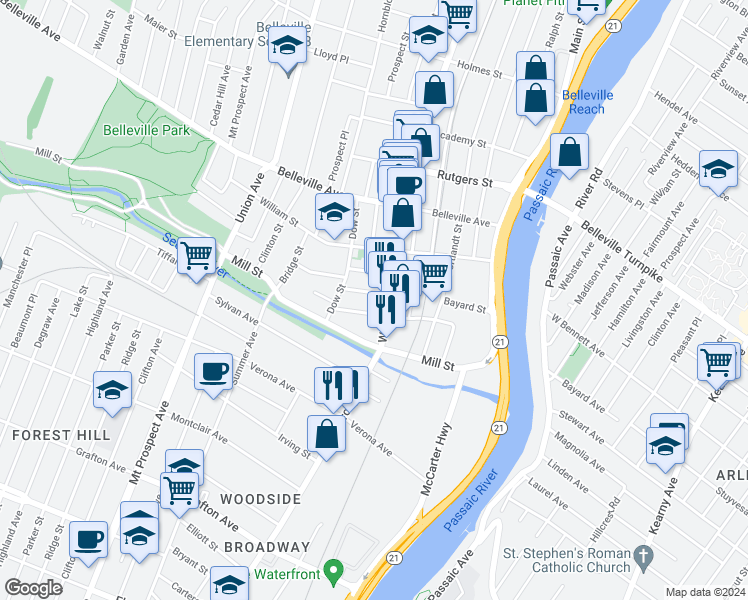 map of restaurants, bars, coffee shops, grocery stores, and more near 69 Washington Avenue in Belleville