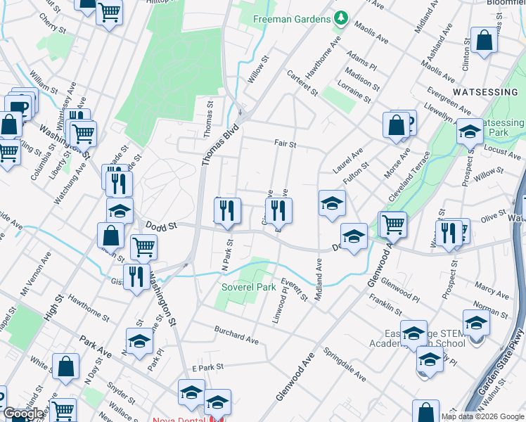 map of restaurants, bars, coffee shops, grocery stores, and more near 10 Charles Street in East Orange