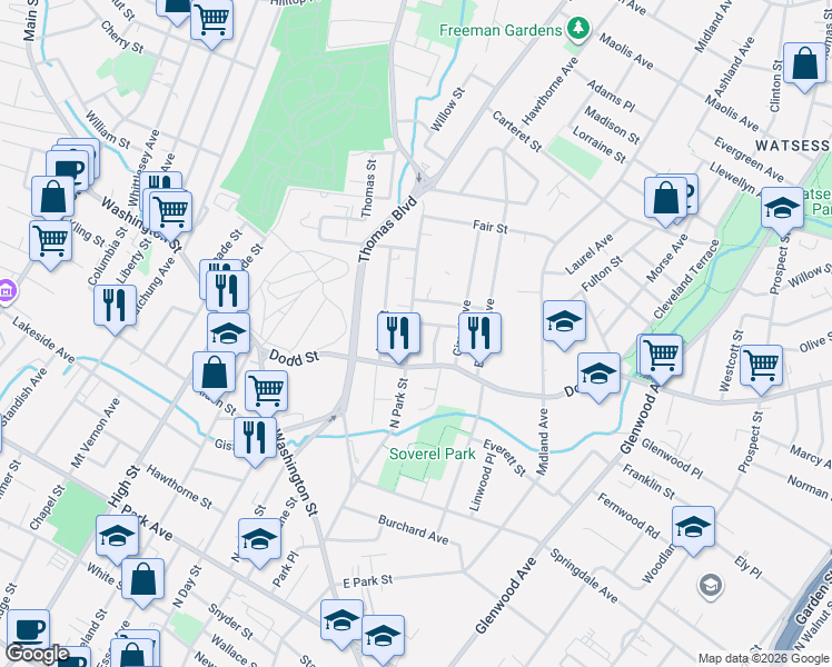 map of restaurants, bars, coffee shops, grocery stores, and more near 205 North Park Street in East Orange