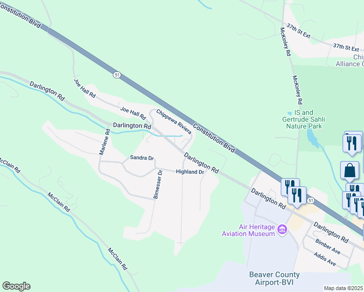 map of restaurants, bars, coffee shops, grocery stores, and more near 2902 Darlington Road in Beaver Falls