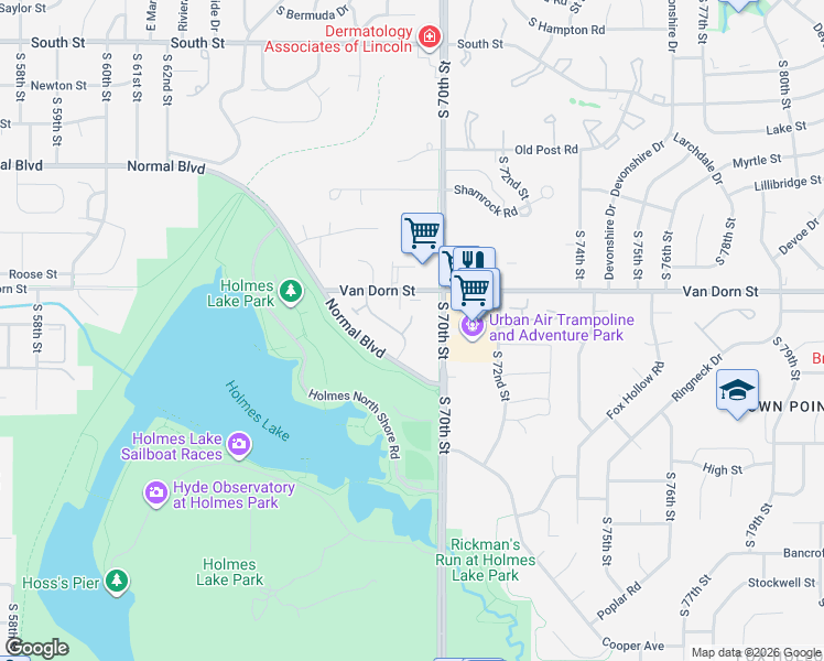 map of restaurants, bars, coffee shops, grocery stores, and more near 2940 Park Place Drive in Lincoln