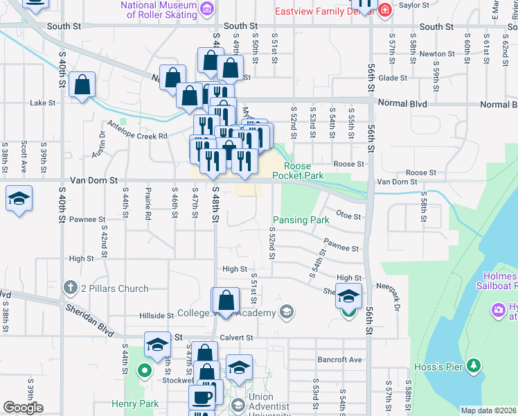 map of restaurants, bars, coffee shops, grocery stores, and more near 2832 South 51st Street Court in Lincoln