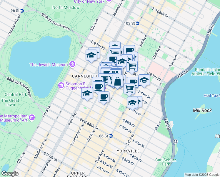 map of restaurants, bars, coffee shops, grocery stores, and more near 161 East 92nd Street in New York