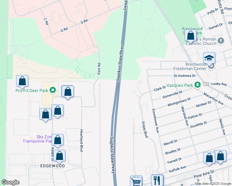 map of restaurants, bars, coffee shops, grocery stores, and more near Sagtikos Parkway in Suffolk County