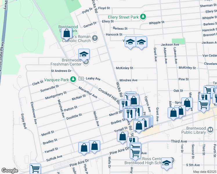 map of restaurants, bars, coffee shops, grocery stores, and more near 9 Leahy Avenue in Brentwood